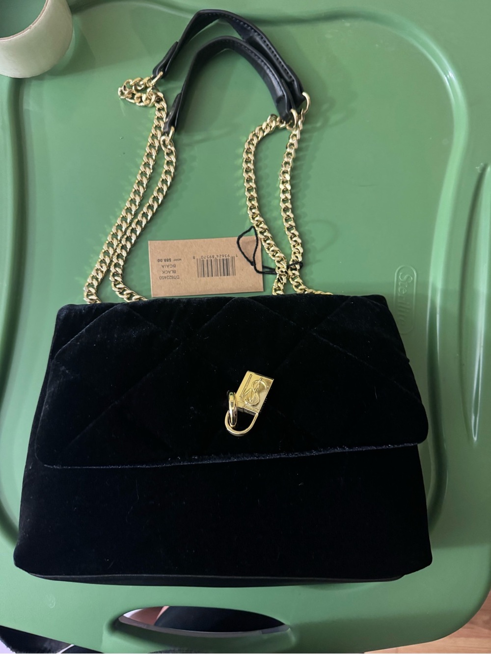 Steve Madden Black Quilted Velvet Shoulder Bag with Gold Chain